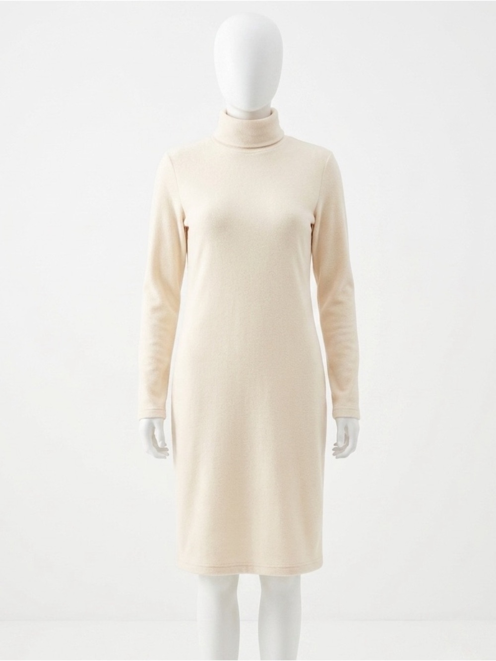 Boutique Cowl Turtleneck Long Sleeve 100% Cotton Knit Midi Dress in Cream
